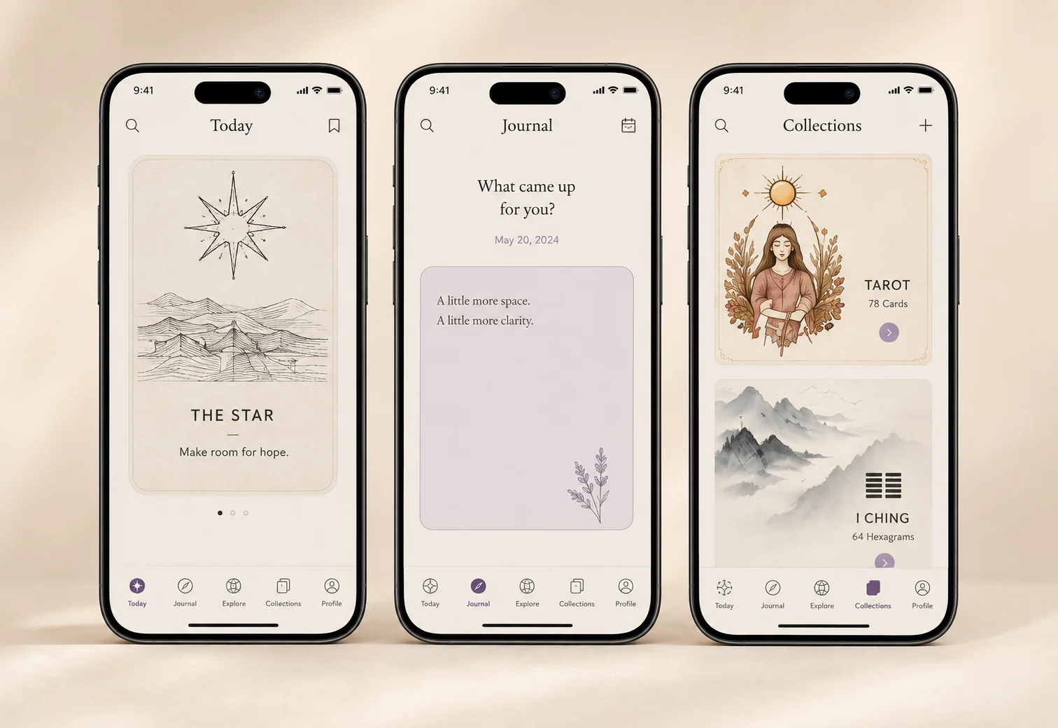 Companion app concept showing a daily reading, a reflection journal and a collection library