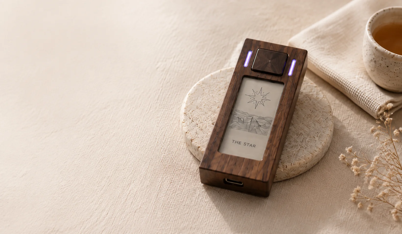 VOTUM's wooden body, square button, violet light windows and e-paper display, resting on pale stone