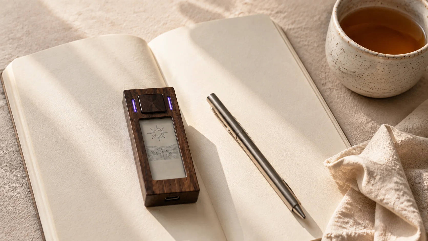 VOTUM beside an open journal and a cup of tea in soft morning light